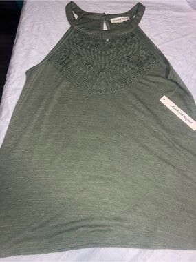Above and Beyond Olive Crochet Yoke Halter Tank